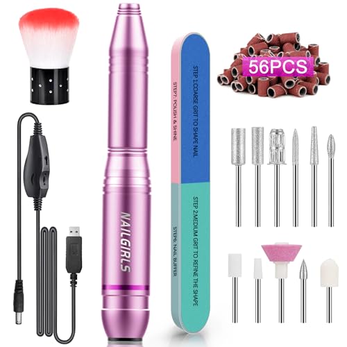 NAILGIRLS Electric Nail File, Portable Nail Drill USB 25000RPM Professional Nail Drill Machine for Acrylic Gel Nails Efile E File Manicure Pedicure Polishing Shape Tools for Home Salon Use (Pink)