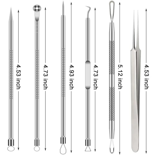 6 PCS Blackhead Remover Comedone Extractor Acne Needle Tools Set Professional Stainless Blackhead Tweezer Kit Removing Whitehead Popping Zit for Nose Face Skin Blemish Treatment Pimple Popper Tool Kit