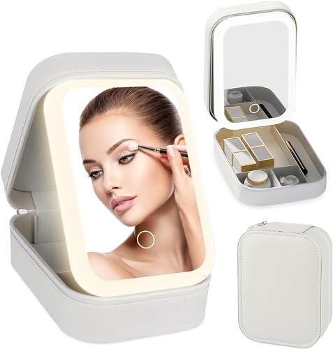 Tufexigo Travel Makeup Case with LED Mirror, Makeup Bag with Lighted Mirror, Cosmetic Train Storage Box, Portable Organizer Vanity Case for Women Beauty Tools Accessories Rechargeable (White)