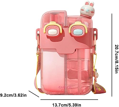 UTOYA Cute Plastic Water Bottle, 780ml Cartoon Dual Use Drinking Bottle with Double Cup, Portable Leakproof Kids Water Jug with Shoulder Strap for School, Travel, Sports and Outdoor Activities (Pink)