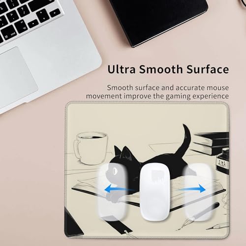 Black Cat Mouse Pad Cute Funny Square Mouse Pad Anti-Slip Rubber Kawaii Mousepad with Stitched Edgesfor Computer and Laptop Mouse Mat, Cute Desk Accessories, Office Decor, Desk Decor,Gift for Her