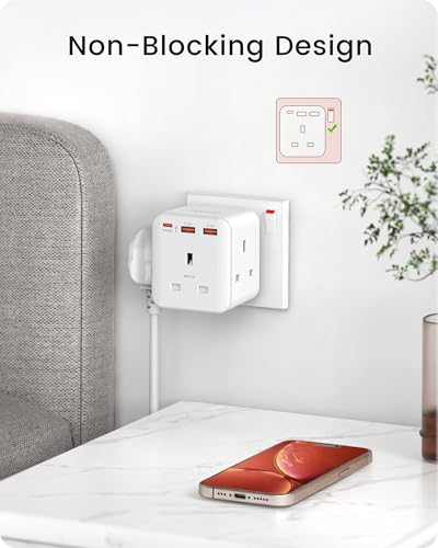 LENCENT Multi Plug Extension, 3 Way 3 Plugs Socket adapter, 6-in-1 Cube Electrical Extender Outlet Adaptor, PD&QC 3.0 20W USB Wall Charger, Plug Expander for Home, Office, Kitchen, 13A 3250W