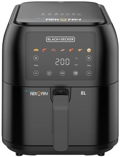 BLACK+DECKER Digital Air Fryer, 1700W, 8L Family-Sized Capacity, 7 Preset Functions, Rapid Air Convection for Healthy Frying, Adjustable Temperature 80-200C, Easy Clean, Black - SAF80-B5 - 8L SLIM