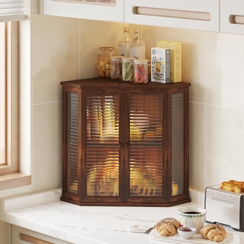 Aycarzcy Corner Bread Box for Kitchen Countertop, Large Wood Bread Storage Container Breadbox for Homemade Bread (Brown)