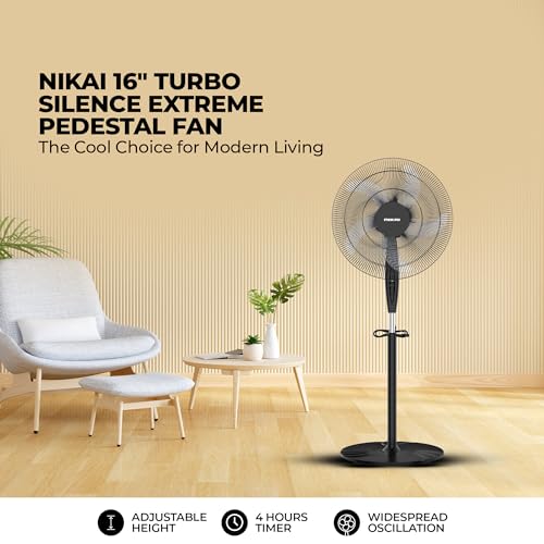 Nikai 16 Inch Pedestal Fan, 45 Watts Power, T" Class Motor, High-Performance Copper Motor, Wide Angle Oscillation, 5 Leaf "AS" Blades, 3 Speeds, Energy-Efficient, Ideal for Home & Office - NPF1631T