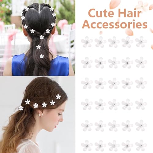 30 Pcs Mini White Rhinestone Flower Hair Clips for Girls, Cute Hair Claw Clips for Women, Decotative Wedding Bridal Hair Barrettes and Pins for Brides Parties Festivals (White)