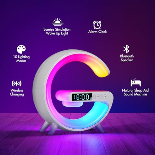 Wireless Charger Atmosphere Lamp, 2023 New Mini LED Table Lamp, Bluetooth Speaker, Dimmable Night Light Bedside Lamp Alarm Clock with Music for Christmas Birthday New Year Valentines Day Gifts