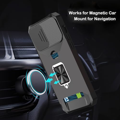 rojarou for iPhone X Case,iPhone Xs case with Card Holder,Slide Camera Cover and 360? Rotate Ring Kickstand Heavy Duty Protective Phone Case for Apple iPhone X Cover/iPhone Xs Cover-Black