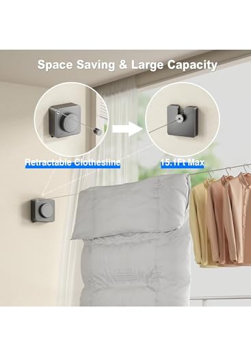 KASTWAVE Heavy Duty Retractable Clothesline - 15.1 Feet Wall Mounted Indoor/Outdoor Laundry Line, Non-Sagging Stainless Steel Drying Solution (Grey)