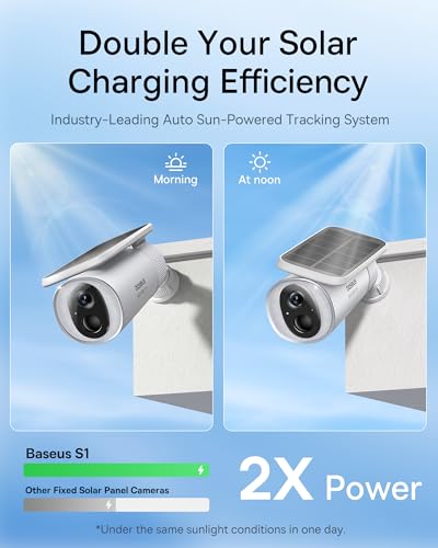 Baseus Solar Security Camera Outdoor, S1 Wireless Solocam, Forever Power with Auto Sunlight-Tracking System, 2K Clarity, 145° FOV, Built-in 8GB Local Storage and Color Night Vision, No Monthly Fee