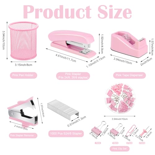auroray 13 in 1 Pink Office Supplies, Pink Desk Accessories for Women with Stapler,Tape Dispenser,1000 Staples,Pen Holder,Staple Remover,Clips,Ruler,Scissors, Tabs,Tape,Ballpoint Pen