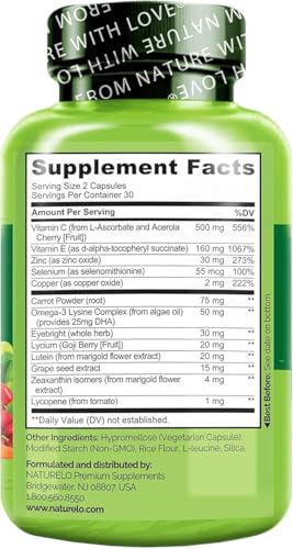 NATURELO Eye Vitamins - AREDS 2 Formula Nutrients with Lutein, Zeaxanthin, Vitamin C, E, Zinc, Plus DHA - Supplement for Dry Eyes, Healthy Vision, Eye Support - 60 Vegan Capsules