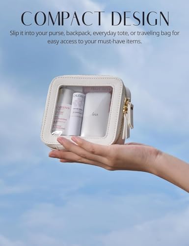 Small Cosmetic Bag for Purse Mini Makeup Bag for School Cute Clear Make Up Pouch for Travel Tiny Leather White Make Up Organizer Case for Backpack Toiletry Bag Waterproof Square Pouch with Zipper