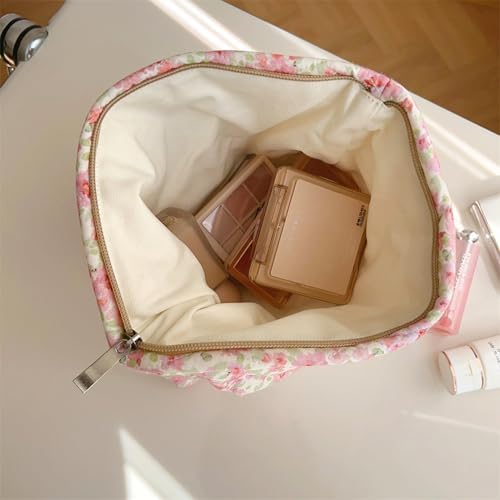 Azonee 2 Pcs Floral Makeup Bag Large Travel, Cotton Quilted Cosmetic Makeup Bag Organizer, Cute Coquette Aesthetic Zipper Portable Pouch Purse Toiletry Bag for Skincare Cosmetics (Pink Floral flowers)