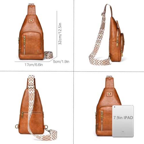 Small Sling Bag, Leather Chest Bag with Adjustable Strap, Lightweight Crossbody Backpack for Men and Women, Anti-theft PU Leather Shoulder Bag for Sports, Outdoor, Travel, Vintage Design (Brown)