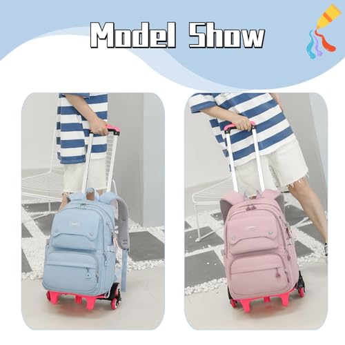 LANSHIYA Solid Color Girls Rolling Backpack with Wheels Schoolbag Elementary School Student Trolley Daypack