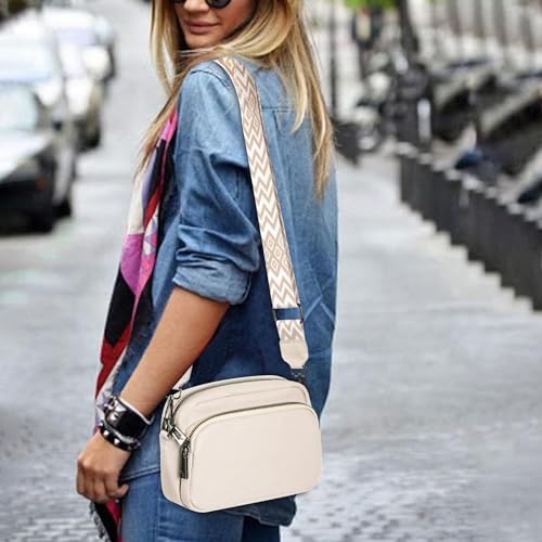 Crossbody Bag for Women, Small Leather Camera Purse Thick Strap Cross-body Bags, Triple Zip Shoulder Bag with Guitar Strap