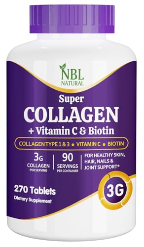 NBL Natural Super Collagen Tablets â€“ 270 Tablets â€“ Collagen Type 1 & 3 with Vitamin C & Biotin â€“ 3g Per Serving â€“ Supports Hair, Skin, Nails & Joint Health â€“ 90 Servings