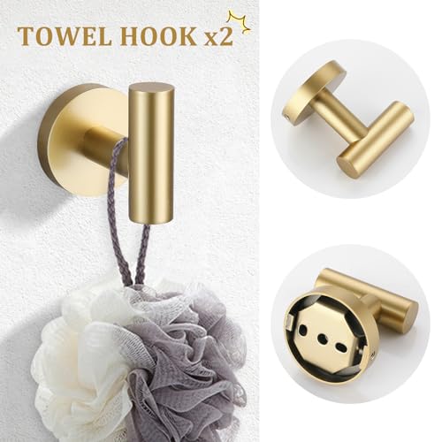 TURS Brushed Gold 5 Piece Bathroom Hardware Set, SUS304 Stainless Steel 24 Inch Bath Towel Bar Set, Round Bathroom Accessories Set Wall Mounted