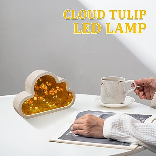 Cloud Tulip Lamp - Handmade DIY Mirror Night Light, Simulation Flower Sleeping Table Lamp, Creative LED Bedside Desktop Room Decor for Girls Gift