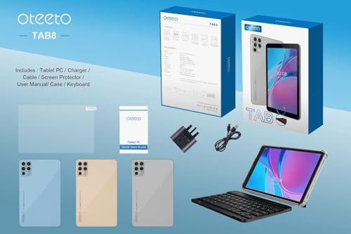 Oteeto Tab 8 5G Android Tablet PC, 8 Inch Display, 8GB RAM, 512GB ROM, 5000 mAh Battery, with Keyboard (Gray)