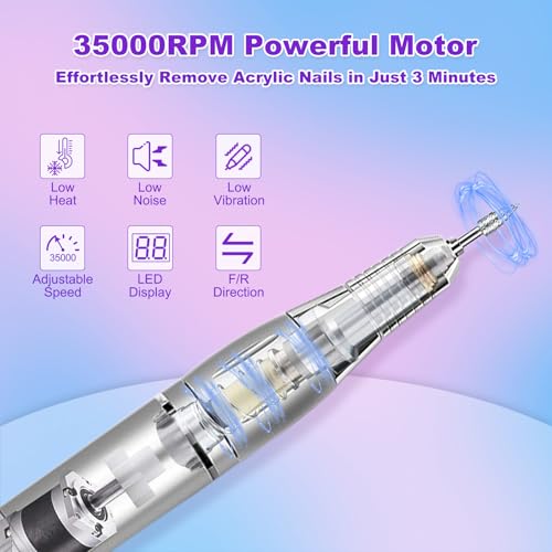 NAILGIRLS Electric Nail Drill, 11 in 1 Nail Drill Set Electric Nail Files Professional 35000RPM Acrylic Nails Gel Nails Manicure Pedicure Polishing Machine for Home and Salon Use with Foot Pedal,White