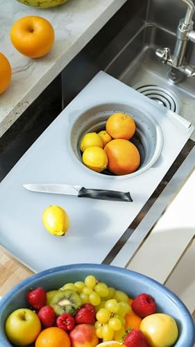 Chopping Board Set, Multi-Use Cutting Board & Strainer, Over-the-Sink or Tabletop, Includes Detachable Foldable Washing Basket Colander, Easy-Store Design for Space Efficiency