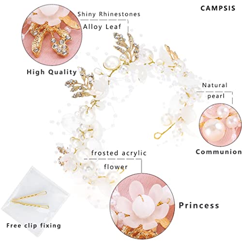 JWWYJ Princess Flower Crystal Headpiece Rhinestone Pearl Headband Alloy Floral Bridal Hair Accessories Communion Wedding Prom Photography for Girls and Women