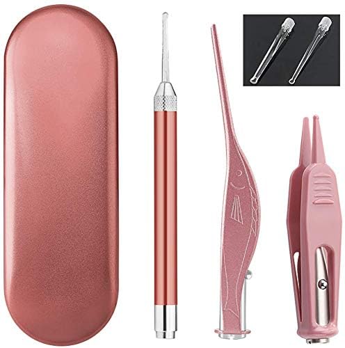 Ear Wax Removal Tools, Ear Pick Cleaner Kit with LED Light, Storage Box, Earwax Spoon Digger/Tweezers & Nose Cleaning Tweezers Clip, Ear Nose Health Care Cleaning Tools for Baby Kids Children Adults