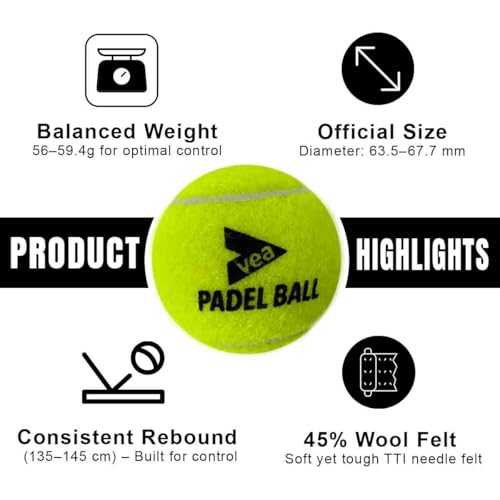 VEA Match Balls for Padel ??Pressurized, Durable Felt ??Long-Lasting Bounce ??Pack of 3 Ball - 1 Tube for Training and Match Use