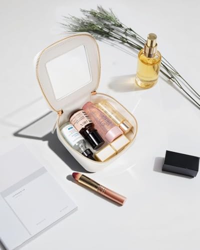 Small Cosmetic Bag for Purse Mini Makeup Bag for School Cute Clear Make Up Pouch for Travel Tiny Leather White Make Up Organizer Case for Backpack Toiletry Bag Waterproof Square Pouch with Zipper