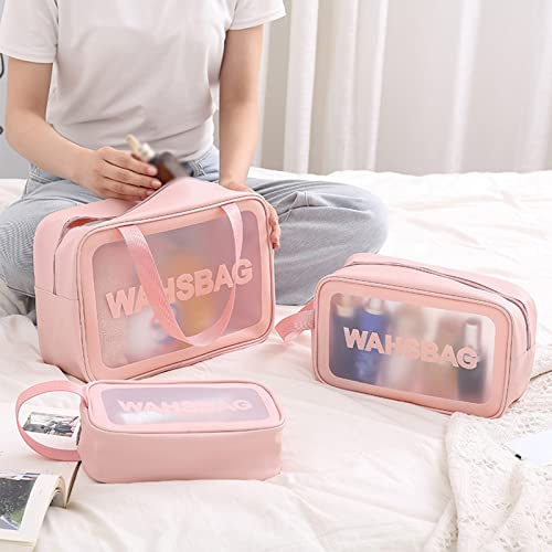 3Pcs Cosmetic Bag Vinyl Air Travel Toiletry Bags Bulk, Water Resistant PVC Packing Cubes with Zipper Closure & Carry Handle for Women Baby Men, Make-up brush Case Beach Pool Spa Gym Bag