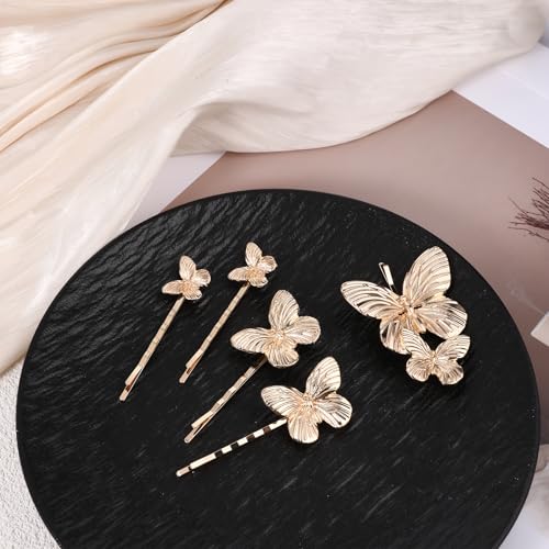 Piriuuo 5 Pieces Gold Butterfly Hair Clips, Butterfly Hair Pins Bridal Wedding Decoration Hair Pins Bride Headwear Butterfly Hair Accessories for Women and Girls