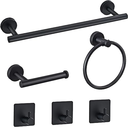 MIXDE 6 PCS Bathroom Hardware Set, MIXDE Stainless Steel Round Wall Mounted - Includes 16" Hand Towel Bar, Towel Ring,Toilet Paper Holder, 3 Robe Towel Hooks,Bathroom Accessories Kit(Matte Black)