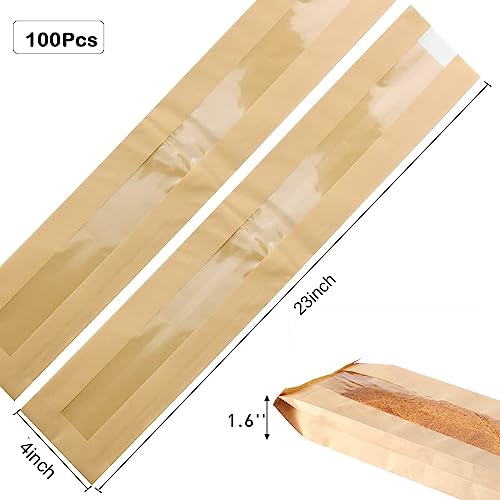 Excefore Baguette Bread Bags, 100 Pack Baguette Kraft Bags with Clear Front Window, Fresh Bread Loaf Packing Bags, Long Bread Kraft Paper Bakery Storage Bag for Homemade Bread, Sandwich (23"x4"x1.6")