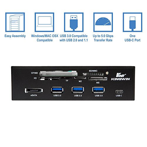 Kingwin Powered Usb Hub 3.0 W/ 1 Usb-C Port, Sd Card Reader & Micro - Sata Power Port W/Lightning Speed Data Transfer Up To 5GBps 5.25" Computer Case Front Bay, Black (Kw525-3U3Cr)