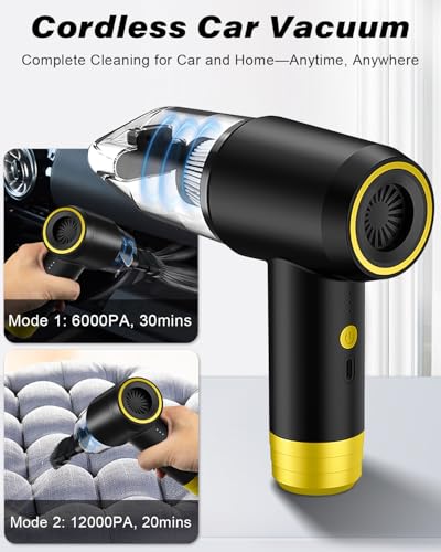 PINREK 6-in-1 Mini Car Vacuum Cleaner, Cordless Vacuum Cleaner Portable Air Duster Blower with Brushless Motor, 12000PA High Power Electric HandHeld Vacuum Cleaner for Car, Home, Sofa, Carpet, Bed