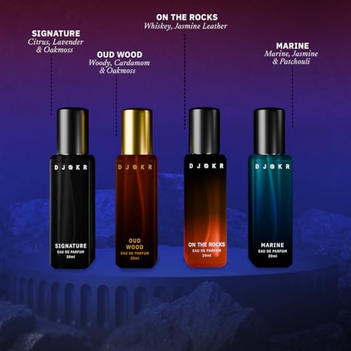 DJOKR Perfume Gift Set for Men Pack of 4x20 ML | Eau De Parfum | Premium Luxury Long Lasting Fragrance Spray | Signature, On The Rocks, Oud Wood, Marine (4x20 ml)