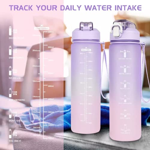 iLLYS Water Bottle 1L / 32oz with Motivational Time Marker Straw Strainer Sport Plastic Bottles for kids Fitness Gym Office Outdoor Sports and Exercise Leak Proof (Purple & Pink)
