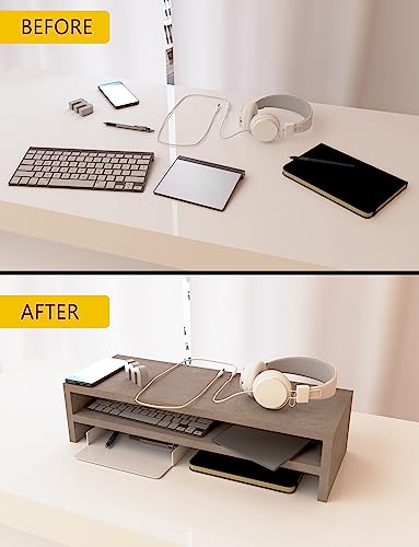 Mahmayi Wooden Riser Monitor Stand with 2 Tier Storage Shelf, Monitor Stand for Home Office Business, PC Desk Stand Monitor Riser for Keyboard Storage, Laptop, Printer, and TV Screen - LIGHT CONCRETE