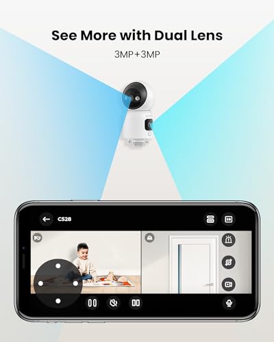 ZOSI Dual-Lens 2K WiFi Security Camera Indoor, 355° Views Pan/Tilt Home CCTV Camera with 2 Way Audio, One-Touch Calling, Smart Person Detection, 2.4G/5G Dual-Band WiFi, C528