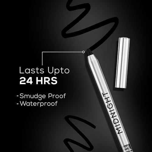 RENEE Midnight Kohl Kajal Pencil - Waterproof, Smudgeproof With Sharpener - 24 Hours Long Stay - Darkest Black - One Swipe Application - Vitamin E, Olive Oil and Castor Oil - 1.5 Gm, Matte Finish