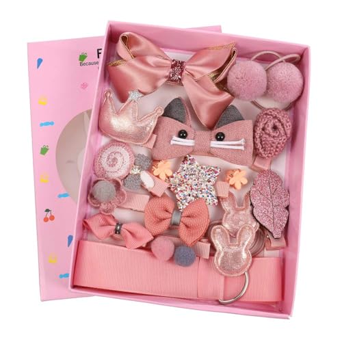 BIGTHREE 18 Pieces Children's Hair Bow Clips Set, Kid Hair Pin Hair Accessories, Pink Hair Bows Clips, Ponytail Holder Hairpins for Little Girls Toddlers Kids, Assorted styles, for Children's Gift (Pi