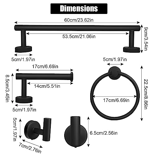 Kissun Matte Black Towel Racks for Bathroom Hardware Accessories Set Towel Bar Set 5 Pieces Wall Mounted (60cm, Black)