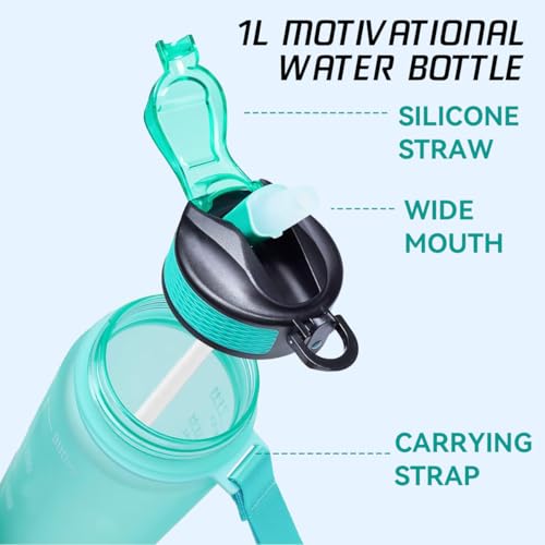 ECVV® 1L Motivational Water Bottle with Time Marker & Encourage Phrase - BPA Free, Leakproof Wide Mouth, Fast Flow Technology, Perfect for Daily Hydration(Green,Purple)