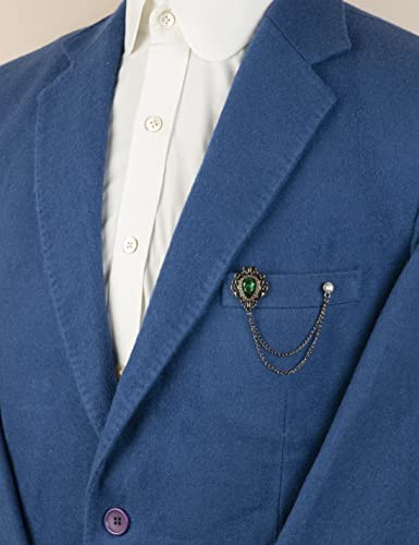 Knighthood Shimmer Stone With Gun Metal Engraving Stone Detailing and Hanging Tassel Chain Collar Pin Brooch, Suit Stud, Shirt Studs, Lapel Pin Accessories for Men Women