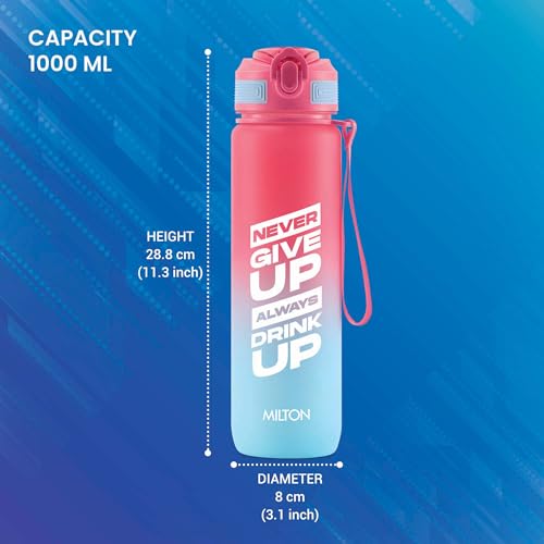 MILTON 1000ml Motivational Water Bottle with Straw & Capacity Marker (Never Give Up) – Unbreakable, BPA-Free Plastic Drinking Bottle for Gym, Sports, & Camping for Kids, Men & Women - Gen'Z - Red