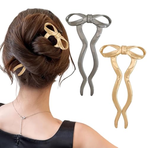 Beynant 2PCS Vintage French Hair Forks for Women U Shaped Updo Metal Hair Pins for Long Thick Hair,Large Gold Bow 2 Long Prong Bun Twist Hair Sticks,Medium Hair Accessories for Women