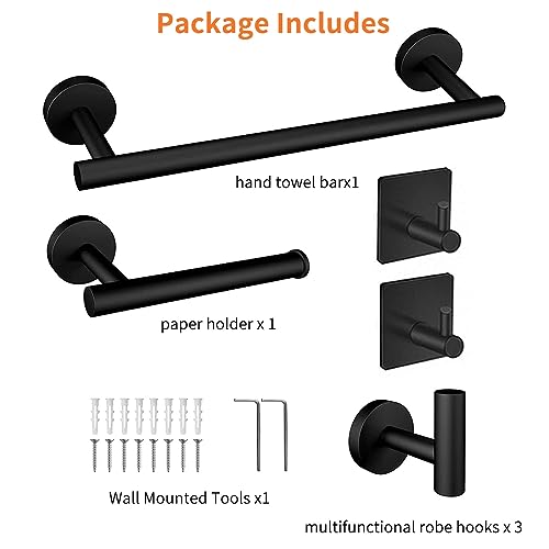 DERANQIIUA Bathroom Hardware Set, Wall Mounted Towel Rail, 5 Pieces Brushed Nickel Bathroom Accessories Set, Stainless Steel Toilet Roll Holder And Hooks (black1)