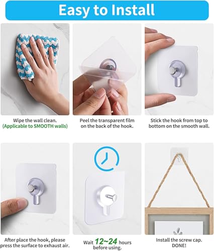 SKY-TOUCH Adhesive Wall Hooks : 18Pcs Transparent Heavy Duty Self-Sticking Hangers Without Nails, Waterproof & Rustproof for Kitchen Bathroom Home Office - Reusable No Damage Hooks (6x6cm, 4kg Load)